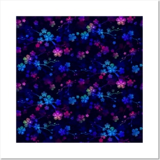 Bright Neon Pink and Blue Cherry Blossom Flowers and Vines Posters and Art